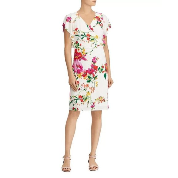 Lauren Ralph Lauren Women's Faux-Wrap Floral Jersey Dress V-neck Flutter Sleeve - Picture 3 of 9